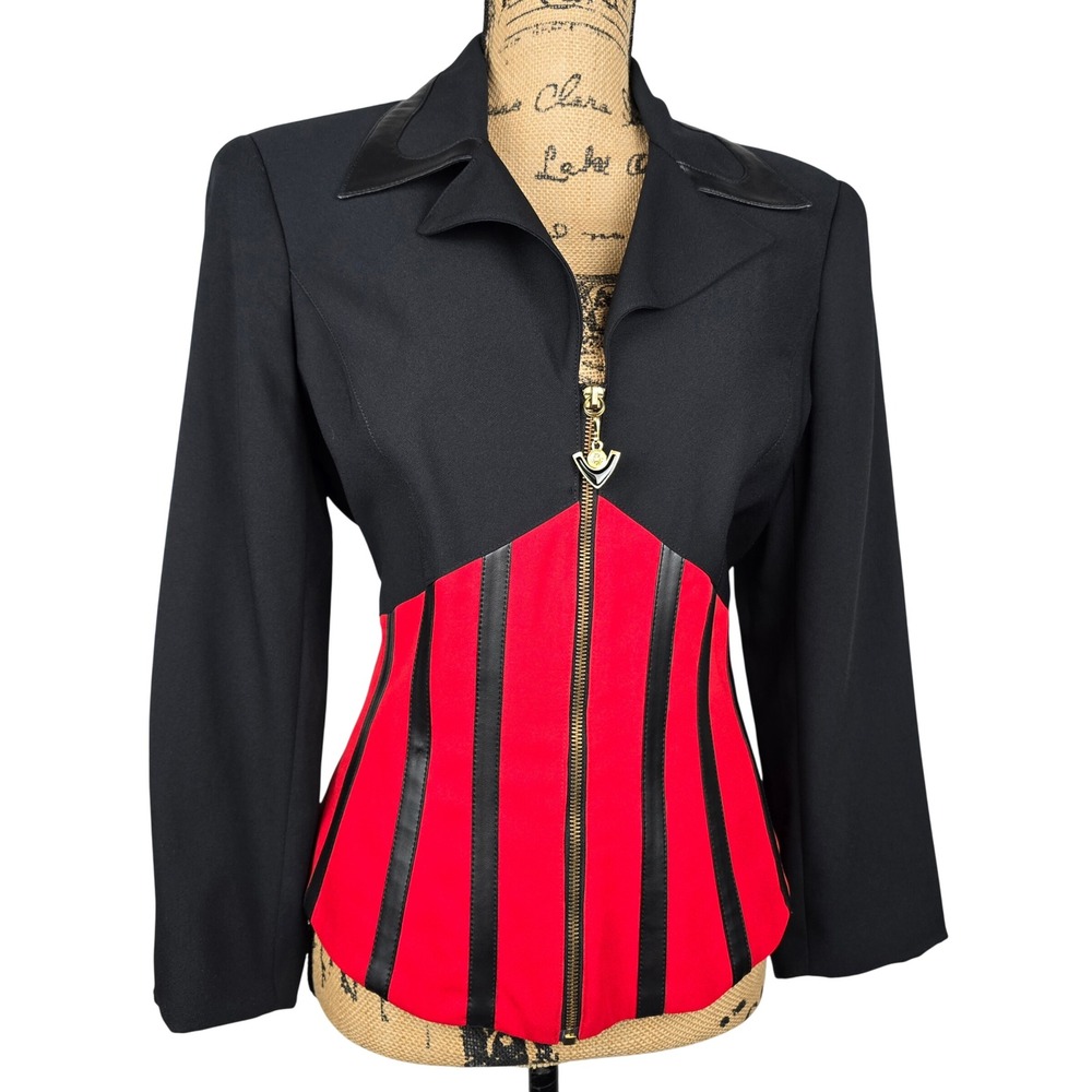 Vintage Nina K Corset‎ Style Blazer Top Black Red Faux Leather Trim Zip Front S.